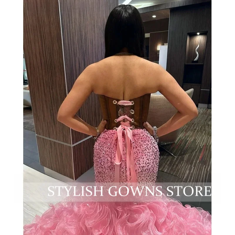 Customized African Pink Ruffles Prom Dress Crystal Beads Mermaid Party Gown Black Girls Vestidos De Festa
