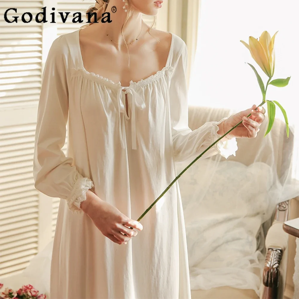 

Court Style Long Pajamas Cute Princess Nightgowns Loose Cotton Nightwear Women's Homewear