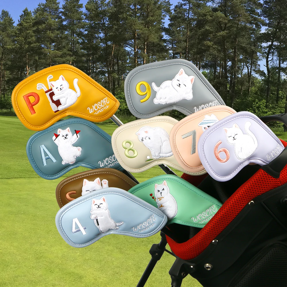 9pcs Cute Plush Cat Shape Golf Iron Head Cover,PU Waterproof Wear Resistant,Protecting The Club Head From Scratch