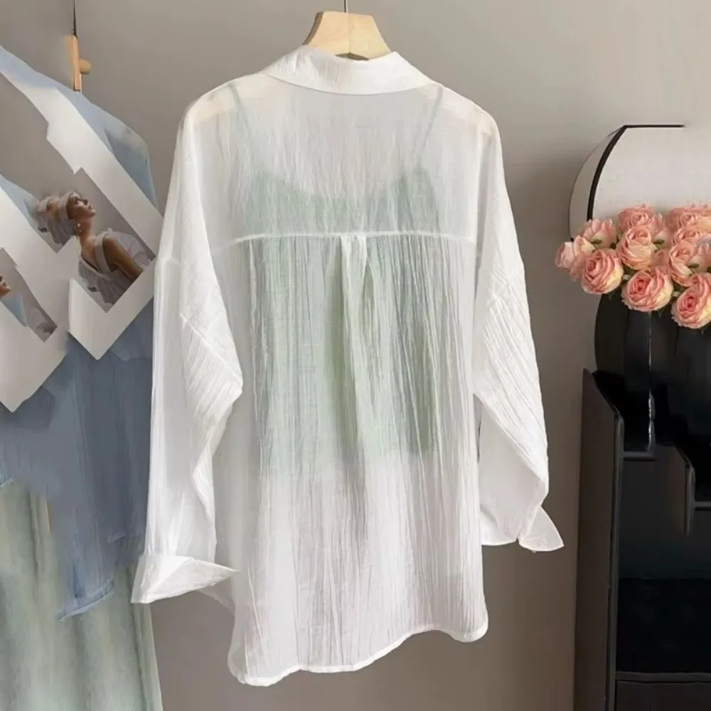 Elegant Loose Fit Sunscreen Shirt Long Sleeve Sun-Protective Ice Silk Shirt Lightweight Sheer Chiffon Thin Chiffon Top For Women