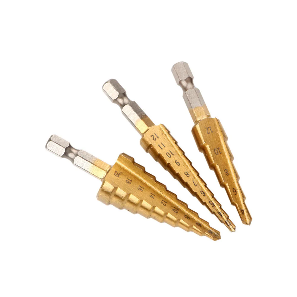 3pcs Hex Shank Drive Quick Change High Speed Steel Cone Stepped Multi-Size Gold Drill