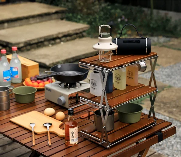 Outdoor Camping Solid Wood Three-layer Foldable Table: Portable, Multi-functional with Multi-layer Storage