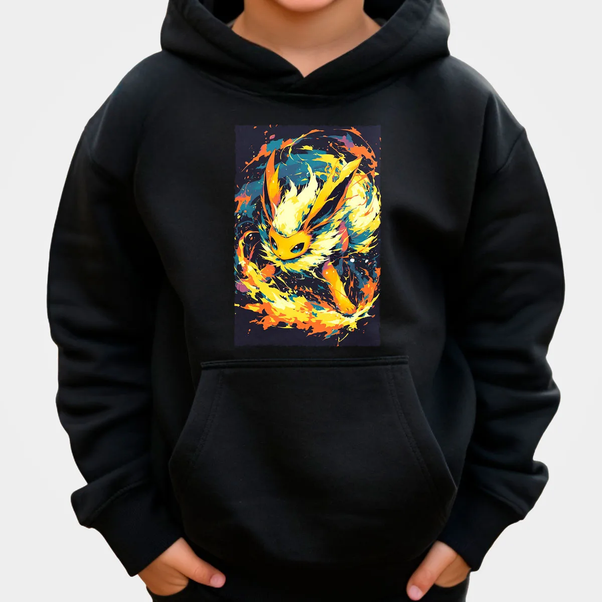 سترة بوكيمون أنيمي فلاريون القطنية ذات القلنسوة باللون الأسود مع تصميم لهب متعدد الألوان فضفاضة تناسب دفء الخريف والشتاء #1