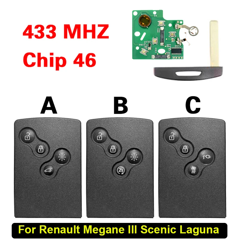 

CN010022 Auto Smart Card Key For Renault Megane lll Scenic Laguna keyless go Fob 433 MHZ PCF7952 46Chip