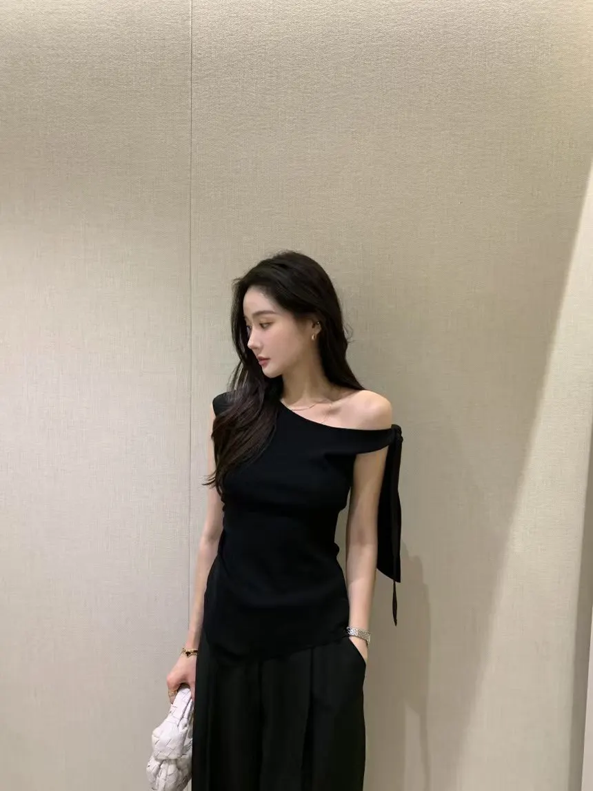 Elegant Asymmetric Shoulder Slip Knot Knitted Vest Women Summer Pure Desire Bare Shoulder Sleeveless Slim Fit T-Shirt - view 4