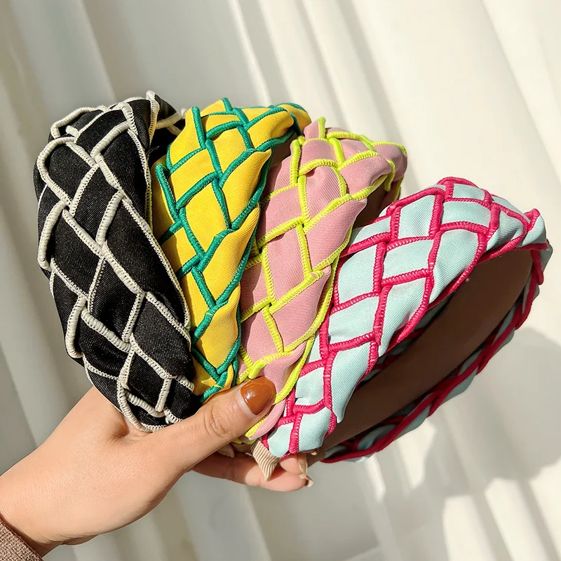 여성용 캔디 컬러 스트라이프 직조 머리띠, 2024 가을 겨울 헤어 후프, 와이드 사이드 샤이니 가죽 헤어 베젤 헤드 랩