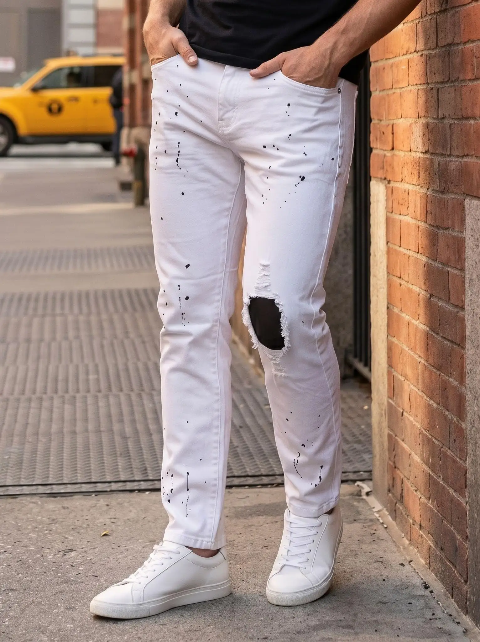 【HME】Men's Jeans | Splash‑Paint Ripped Patch Denim Pants, White Distressed Frayed-Edge Denim Trousers, Black Ink-Splatters Decorated Casual Pants, Knee Hole Patchwork Denim Bottoms, Urban Hip-Hop Street Style For Men