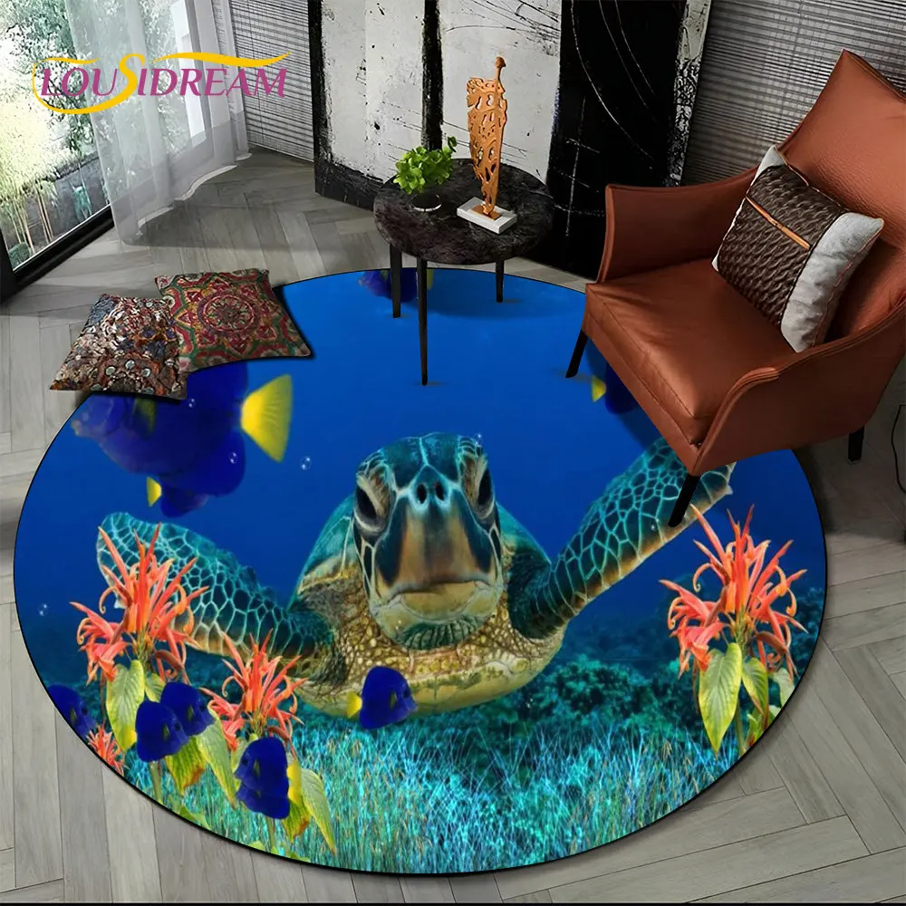 3D Seabed Underwater World Dolphin Turtle Round Area Rug,Carpet for Living Room Bedroom Sofa Playroom Decor,Non-slip Floor Mat