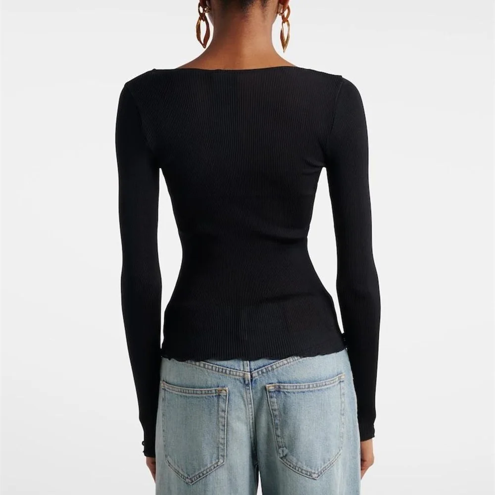2026 Women’s Fashion: Stretchy V-Neck Knitted Corset-Style Long-Sleeve T-Shirt – Y2K-Inspired, Versatile Pullover Top