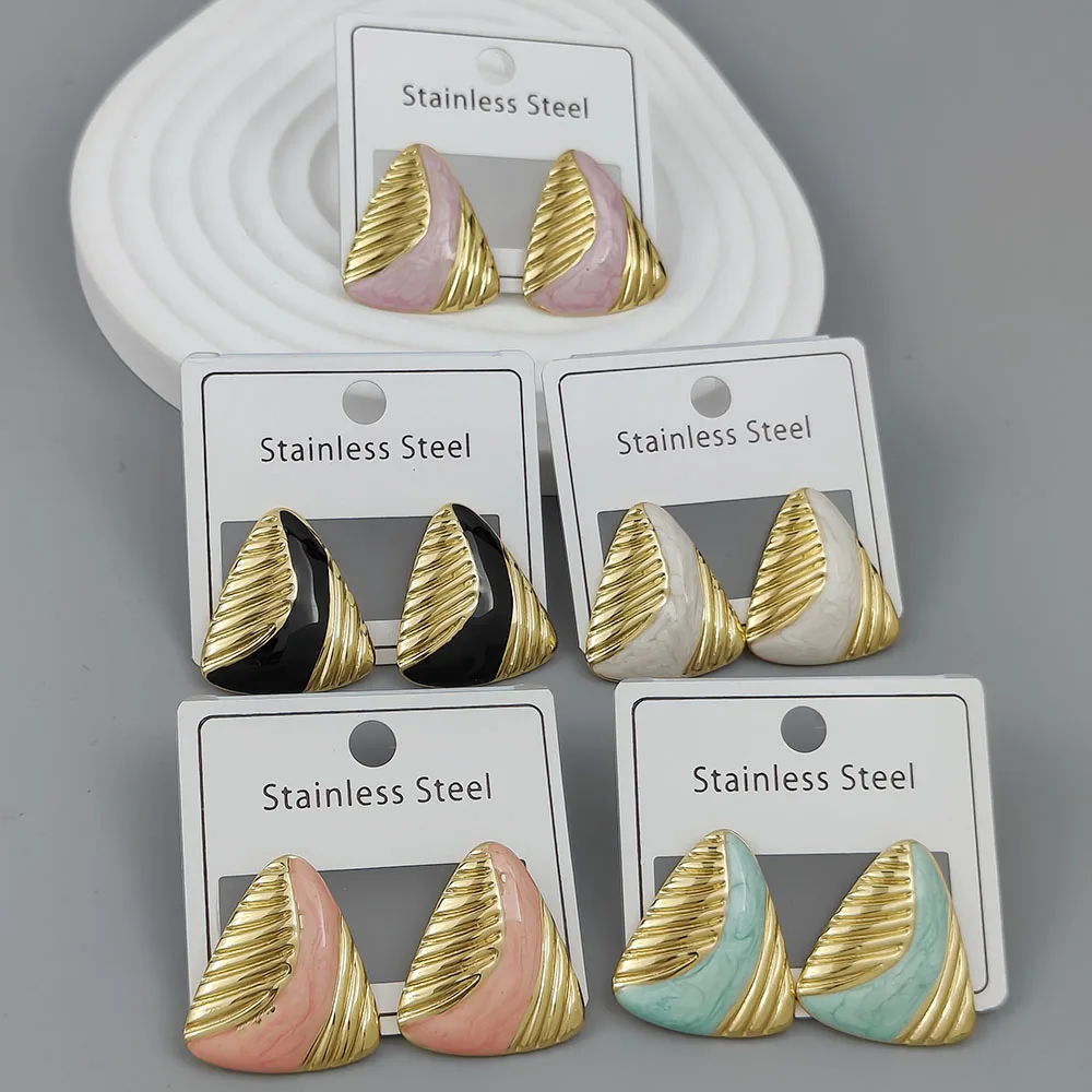 

2025 new simple enamel triangle stainless steel gold-plated earrings, high-quality waterproof earrings, wife gifts