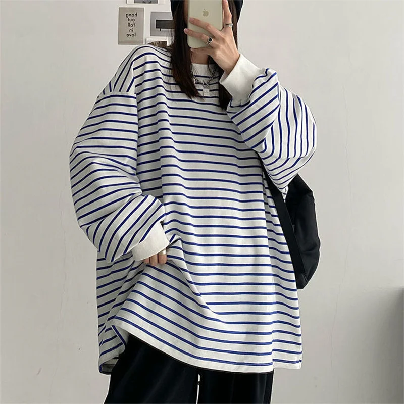 Basic T-shirts Women Striped Top All-match Stylish Daily Lazy Simple Spring Autumn Long Sleeve Tees Korean Style New Sweatshirt