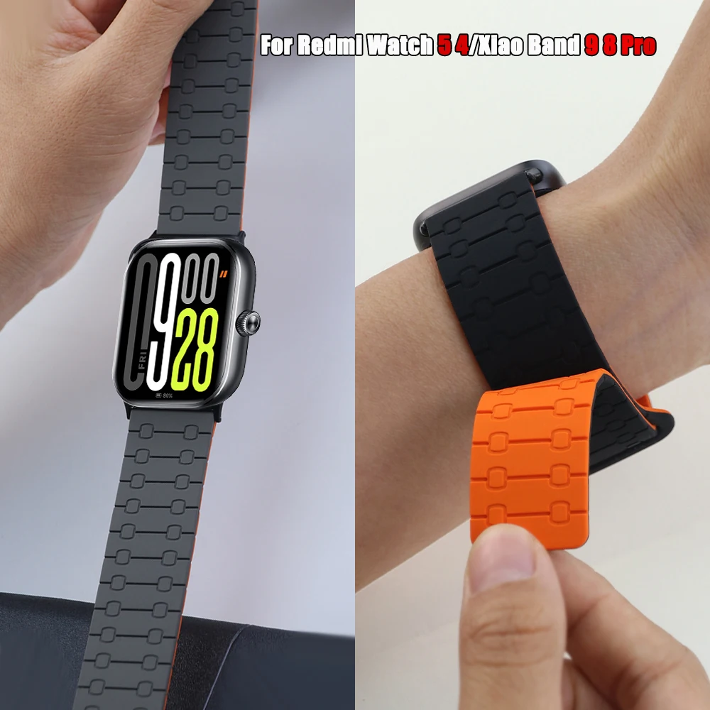 حزام مغناطيسي لساعة Redmi 5 4 سوار معصم رياضي من السيليكون الناعم لساعة Xiaomi Mi Band 9 Pro/Mi Band 8 Pro سوار حلقة كوريا
