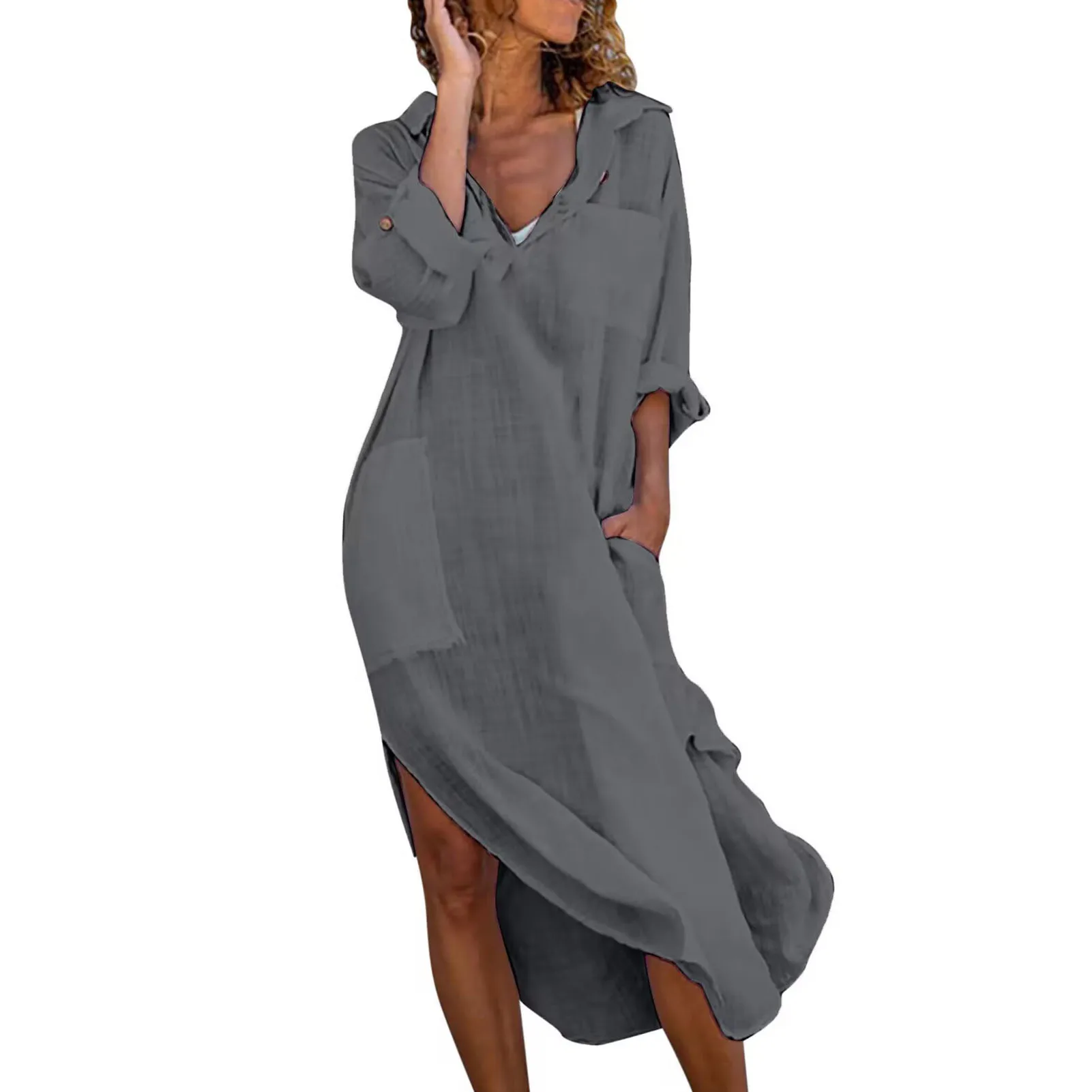 Robe chemise ample en coton et lin pour femmes, décontractée, mode d'été, Streetwear, bouton fendu, longue, blanc, noir, plage, vacances