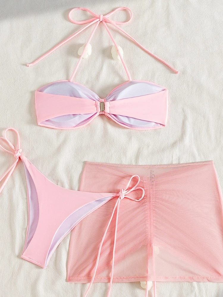 2025 New Women 3 Piece Bikini Set with Skirt Halter Brazilian Swimsuit Sexy Bathing Suit Swimwear Summer Beachwear