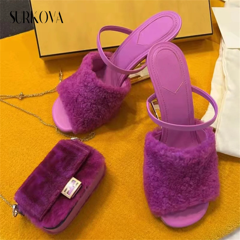 Hollow Shaped Heel Fashion Open Toe Sandals Fur Narrow Band High-Heeled Outdoor Runway Slippers Luxury Solid Color Women\'s Shoes