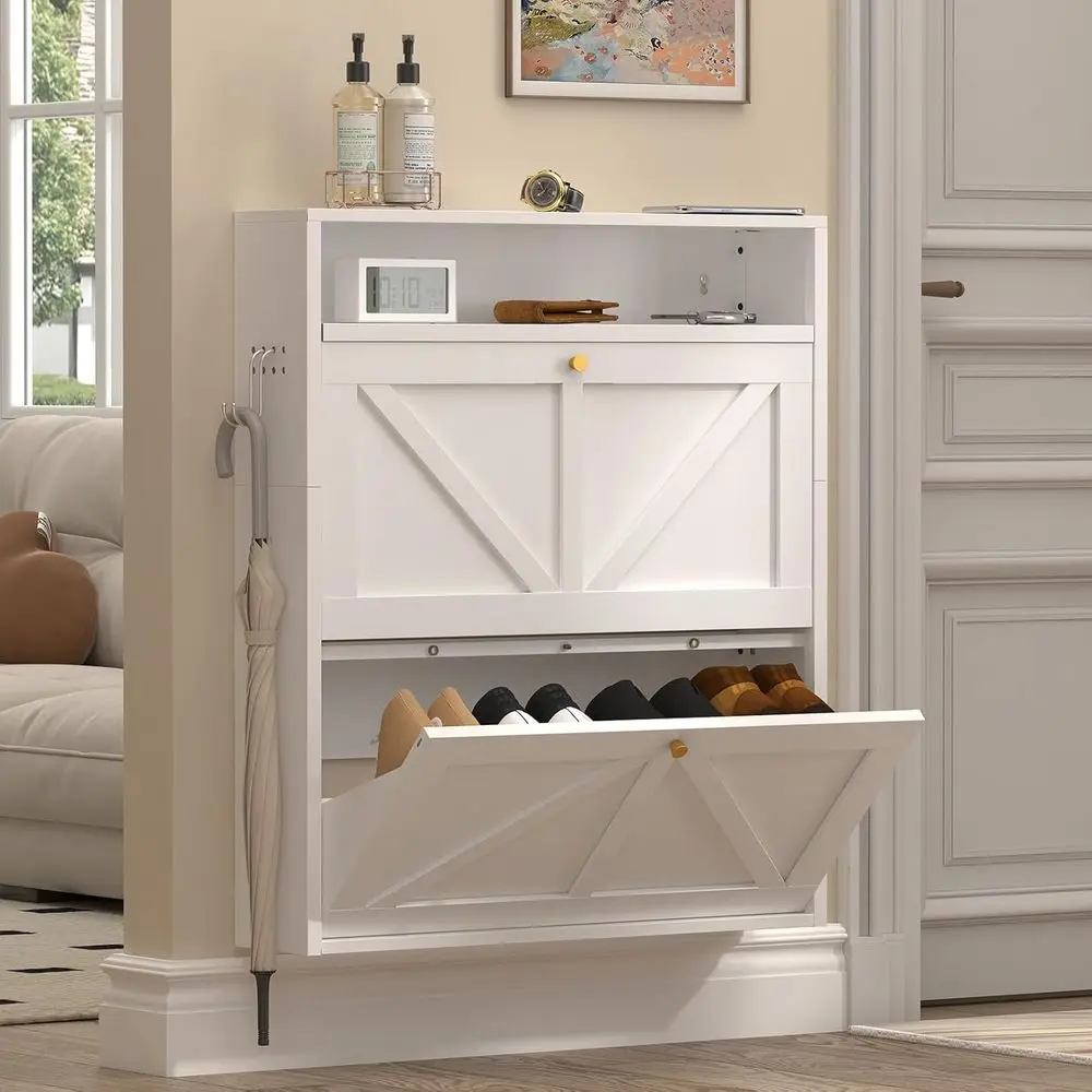

Space-Saving White Wall-Mounted Shoe Rack with Open Top Shelf and Pegboard for Entryway