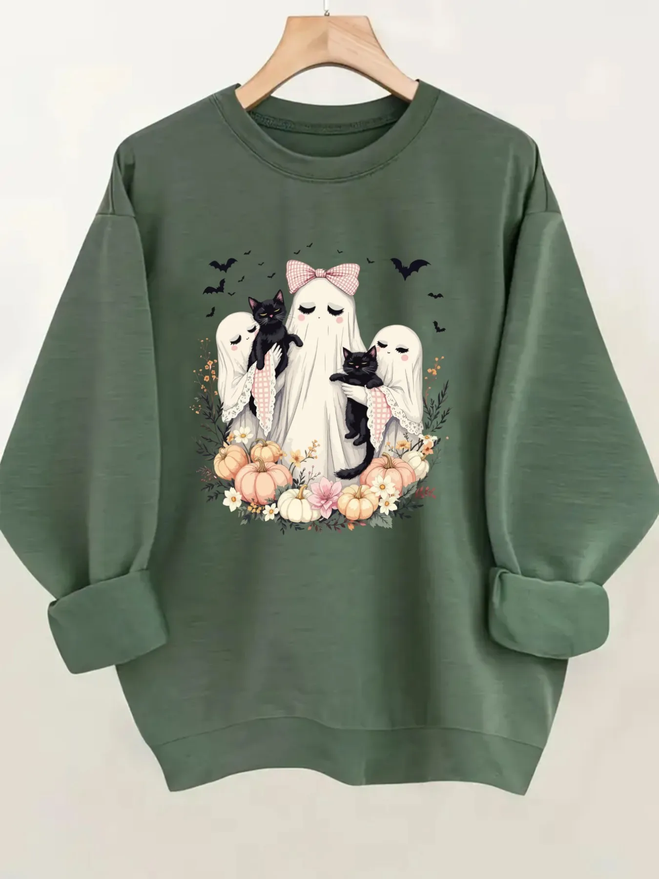 Women's Crewneck Pullover Sweatshirt Ghost Cat Pumpkin Design, Soft Casual Long Sleeve, Daily Casual Top Outfit, Winter Women's Clothing, Halloween Costume Outfit