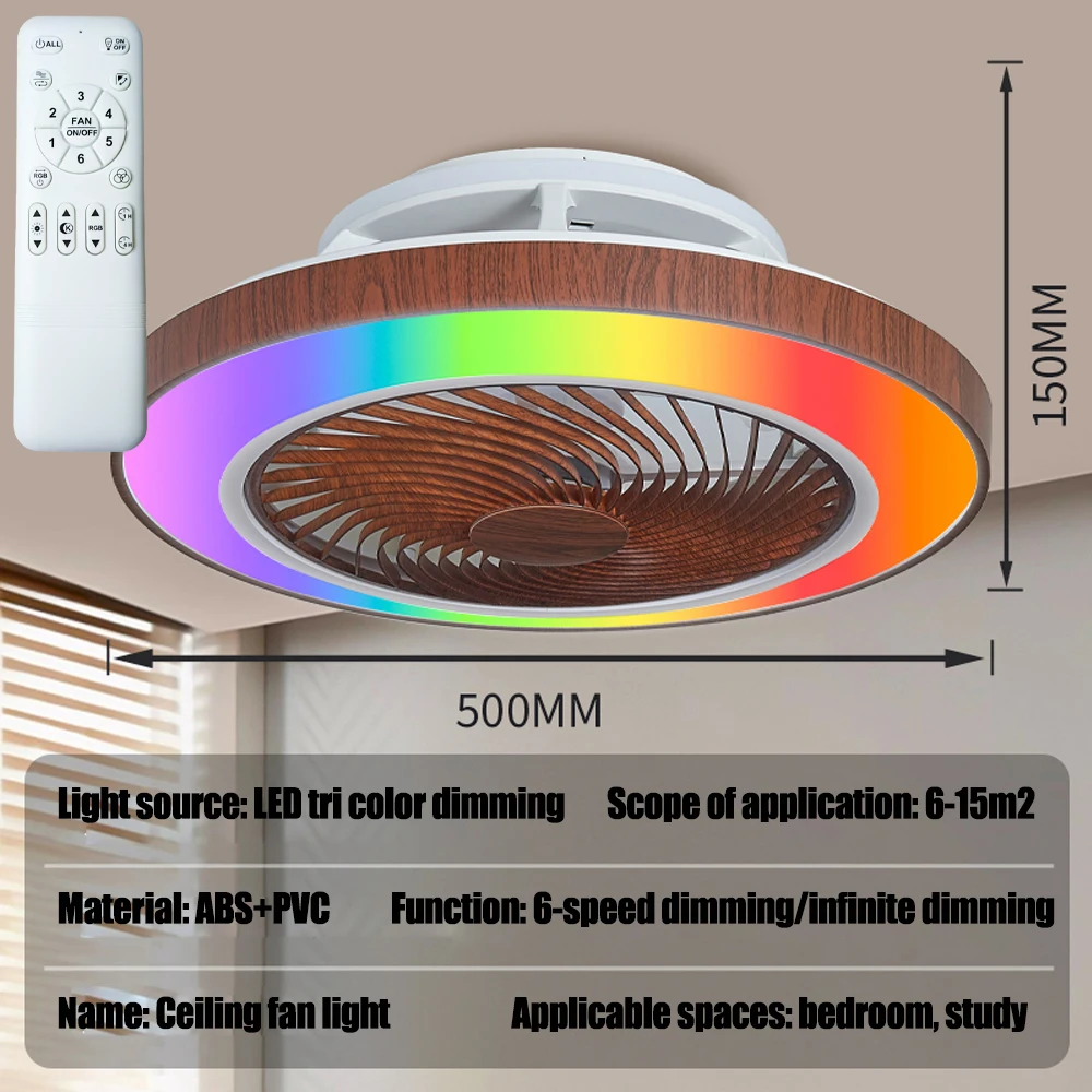 110V/220V RGB-plafondventilator met afstandsbediening, luchtgeleidingswiel – 6 snelheden instelbaar/traag dimbaar, stille ventilatorlamp voor de slaapkamer