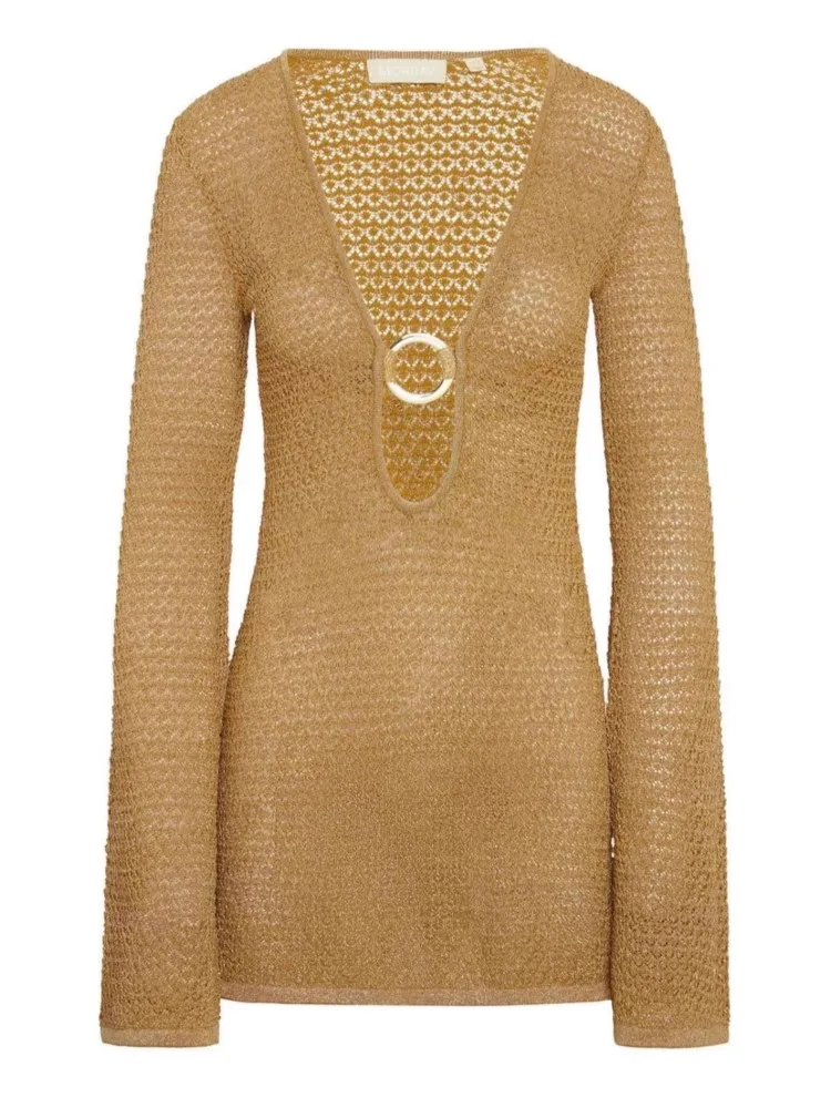 

Sexy Boho Chic V-Neck Cover-Up Cut Out Long Sleeve Knit Beach Mini Dress 2026 Summer Women Seaside Holiday Swimsuit Cover Up