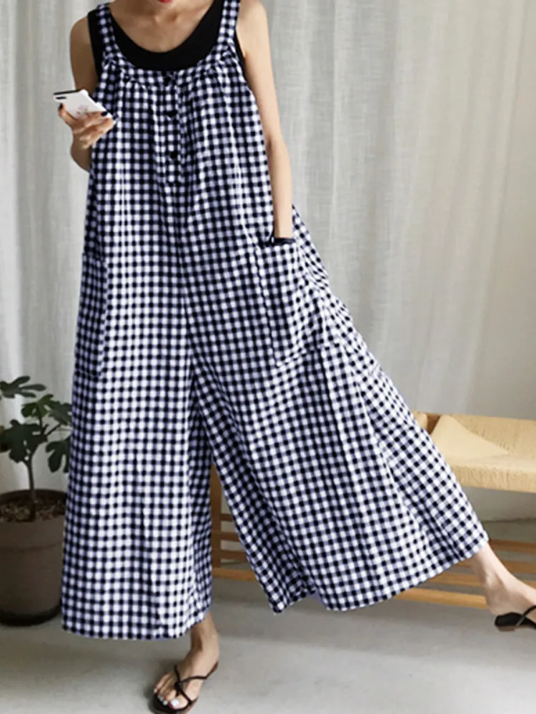 2023 Fashion Women Plaid Playsuits Celmia Summer Bohemian Jumpsuits Vintage Wide Leg Pants Casual Sleeveless Trousers Overalls