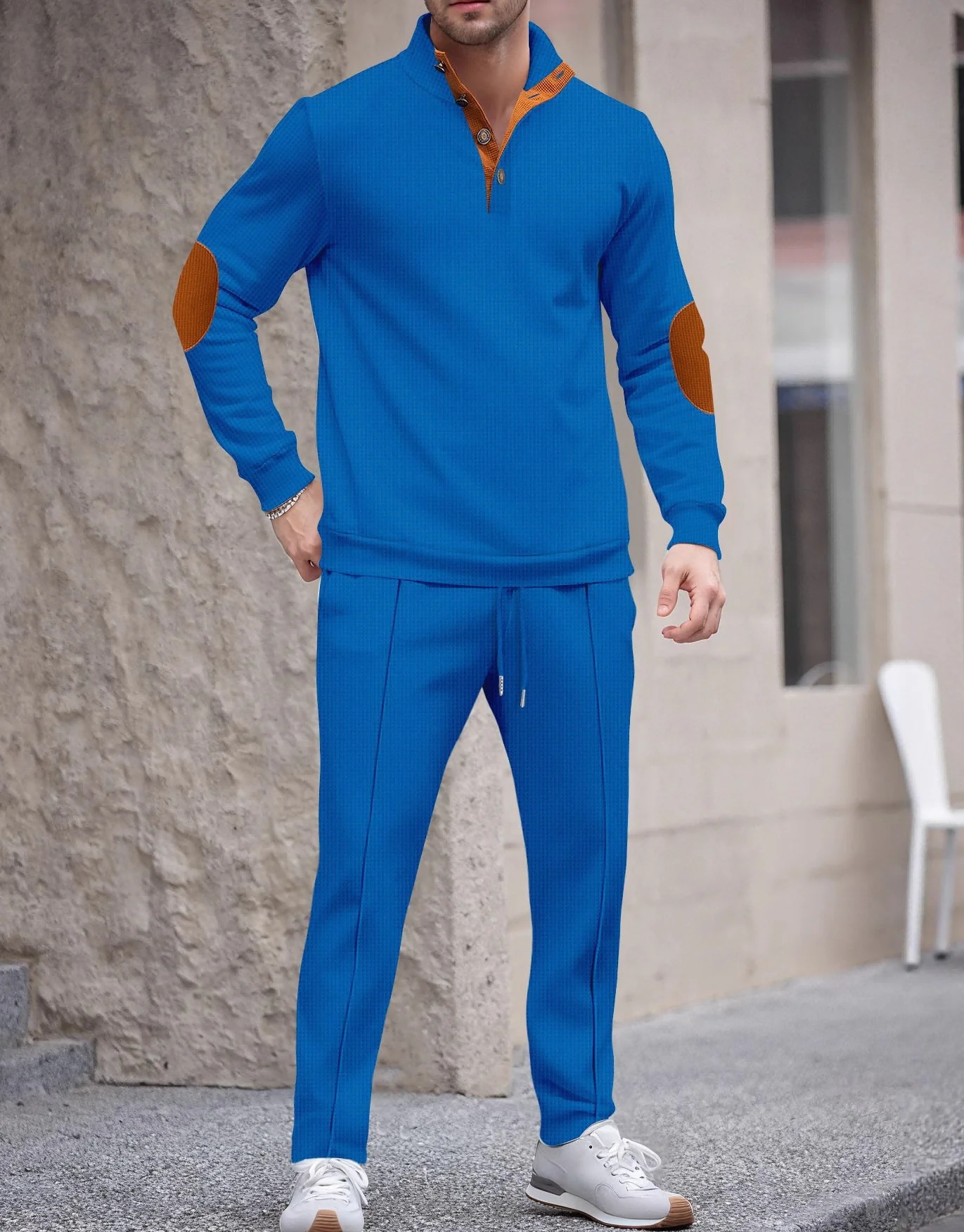 

Мужской осенний новый стиль, американский воротник-стойка, пуговицы, защита локтей, комплект с длинными рукавами и брюками с цветными блоками