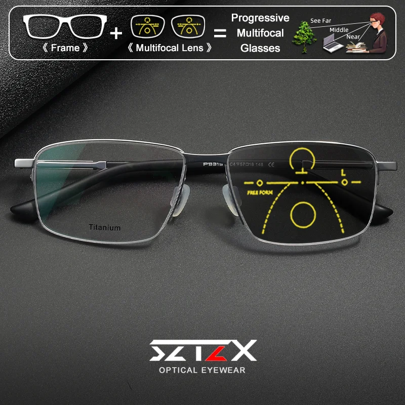 SZTZX Pure Titanium Men's Rectangle Frame Prescription Glasses Oversize Frame Anti Blue Ray Photochromic Progressive Eyeglasses