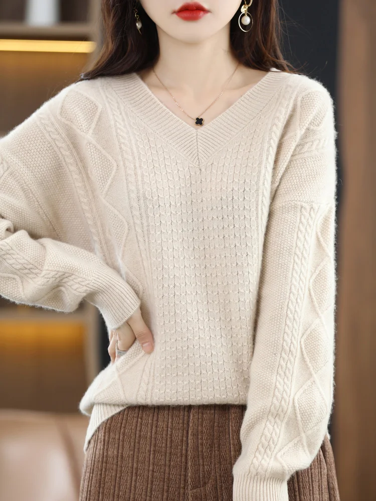 

Warm Sweater For Women 100% Merino Wool V-neck Hollow Out Pullover Autumn Winter Long sleeved Higt-Quality Soft Clothing Tops