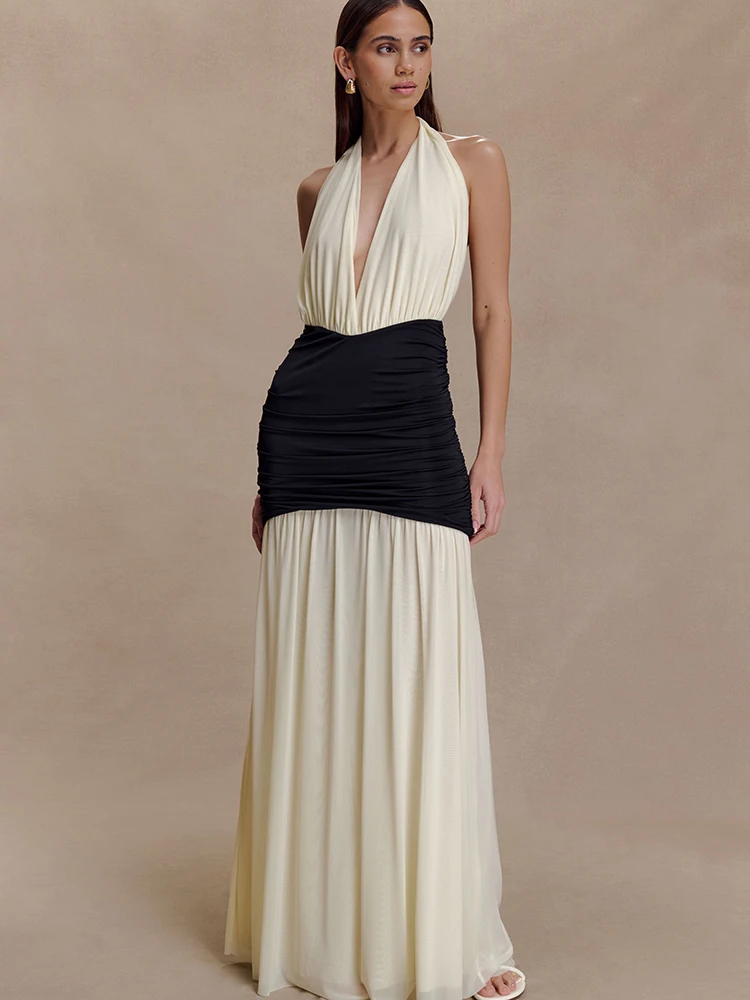 JULISSA MO Patchwork Sexy escote en V profundo Halter mujeres Maxi vestido blanco sin espalda vestido de cintura alta otoño ajustado elegante fiesta Clubwear