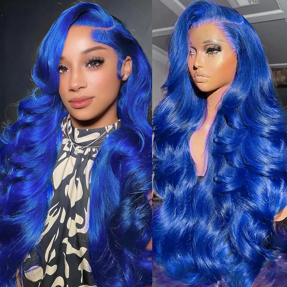 Pelucas frontales de encaje HD 13x6 de color azul oscuro ondulado, cabello humano para mujeres, peluca Frontal de encaje transparente 13x4, cabello Remy prearrancado