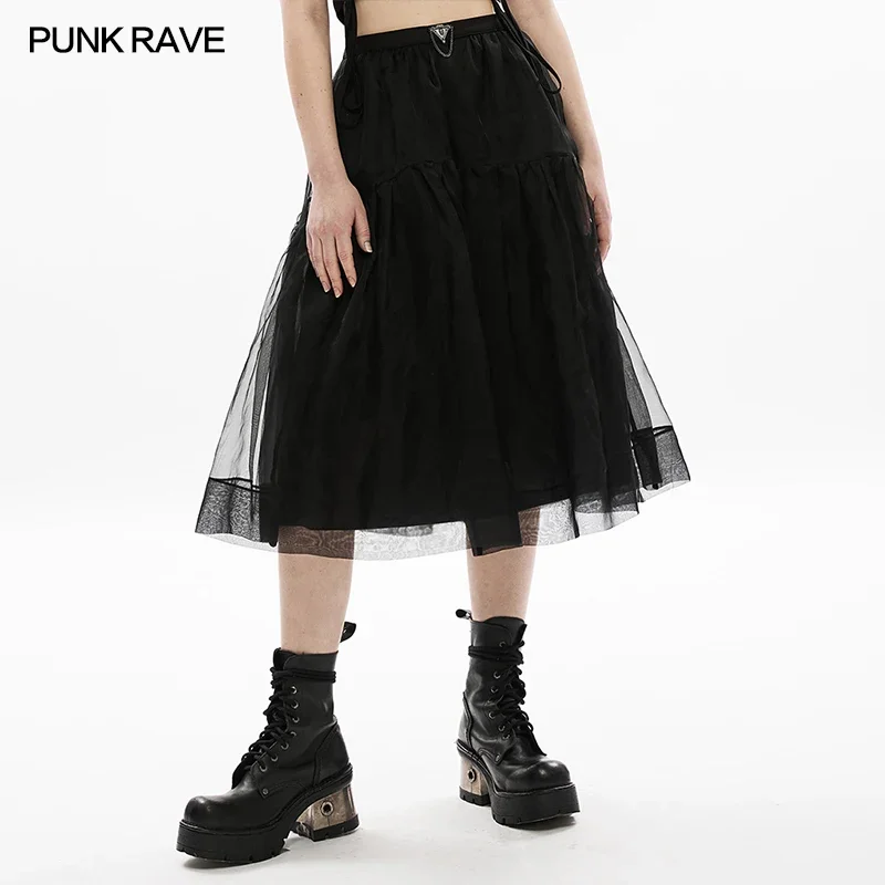 PUNK RAVE Women's Dark Two Wear Slip Mesh Dress Metal Skull Triangular Flag Decoration Micro Elastic Lining Black Skirts