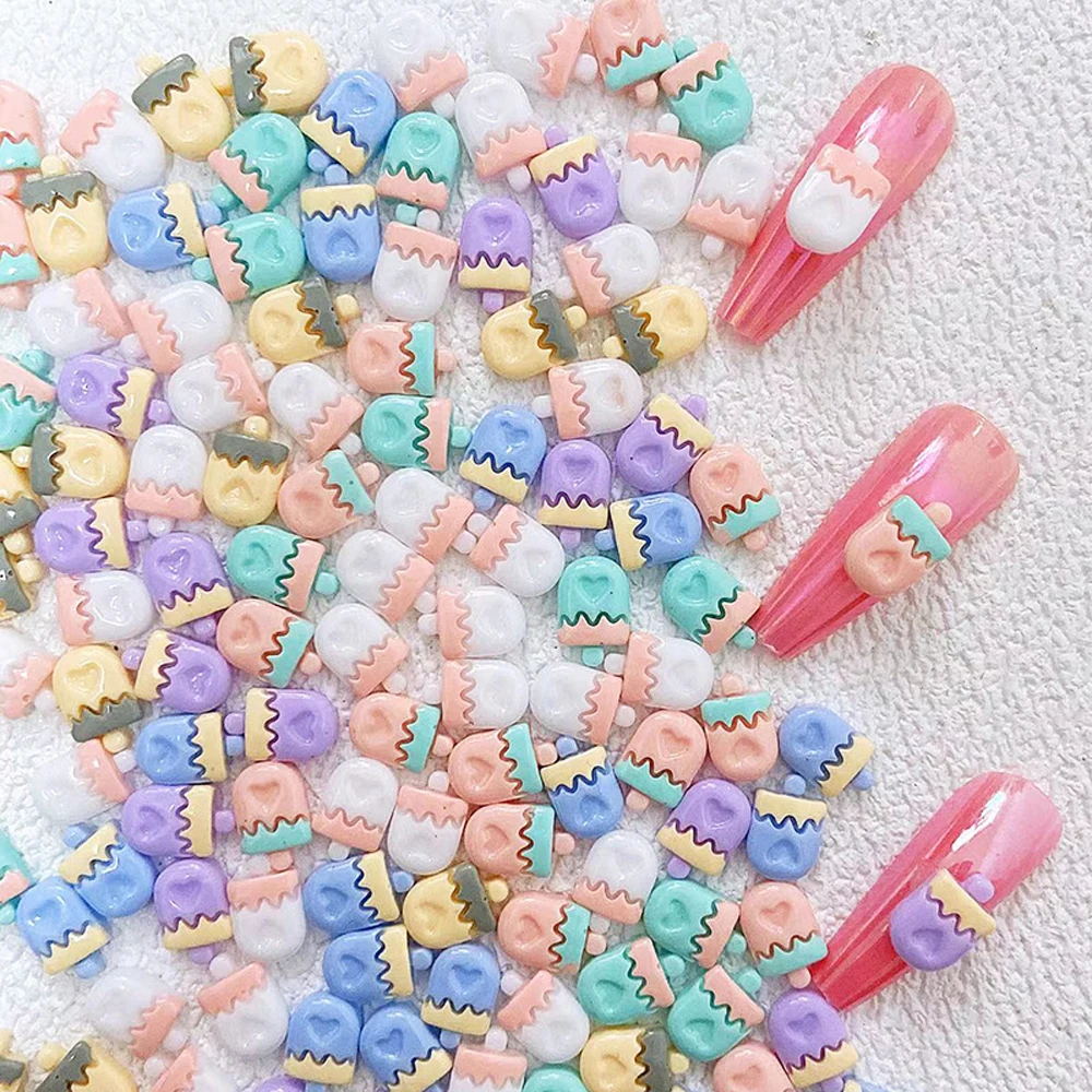 20Pcs Cute Popsicle Nail Art Charm 3D Resin Kawaii Cartoon Heart Ice Cream Summer Nail Decoration DIY Colorful Nail Accessorise