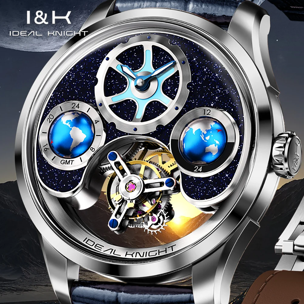 IDEAL KNIGHT 6805 Tourbillon Luxury Automatic Wristwatch Multi Temporal Zone Full Skeleton Mechanical Watch Men Deep Waterproof