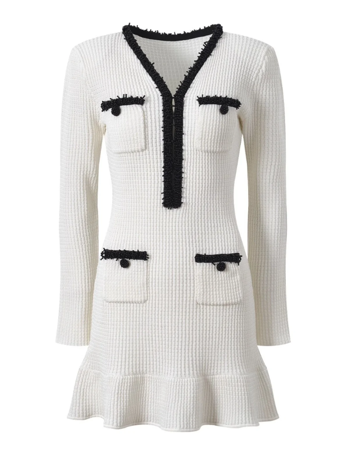 

Ele ort Knitted Dr V-Ne Beaded Design Ladylike Sle Spring Faion Casual Ocn Bodycon Fairy Skirt Long Sve