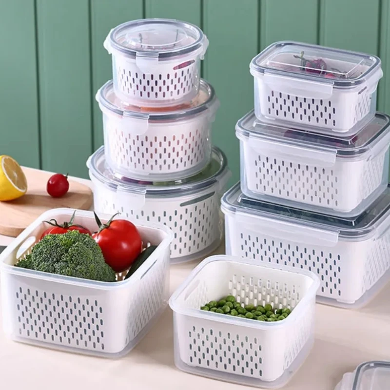 Caja de almacenamiento para refrigerador, contenedor de plástico para alimentos, verduras, frutas, cesta de drenaje, organizador de cocina, accesorios