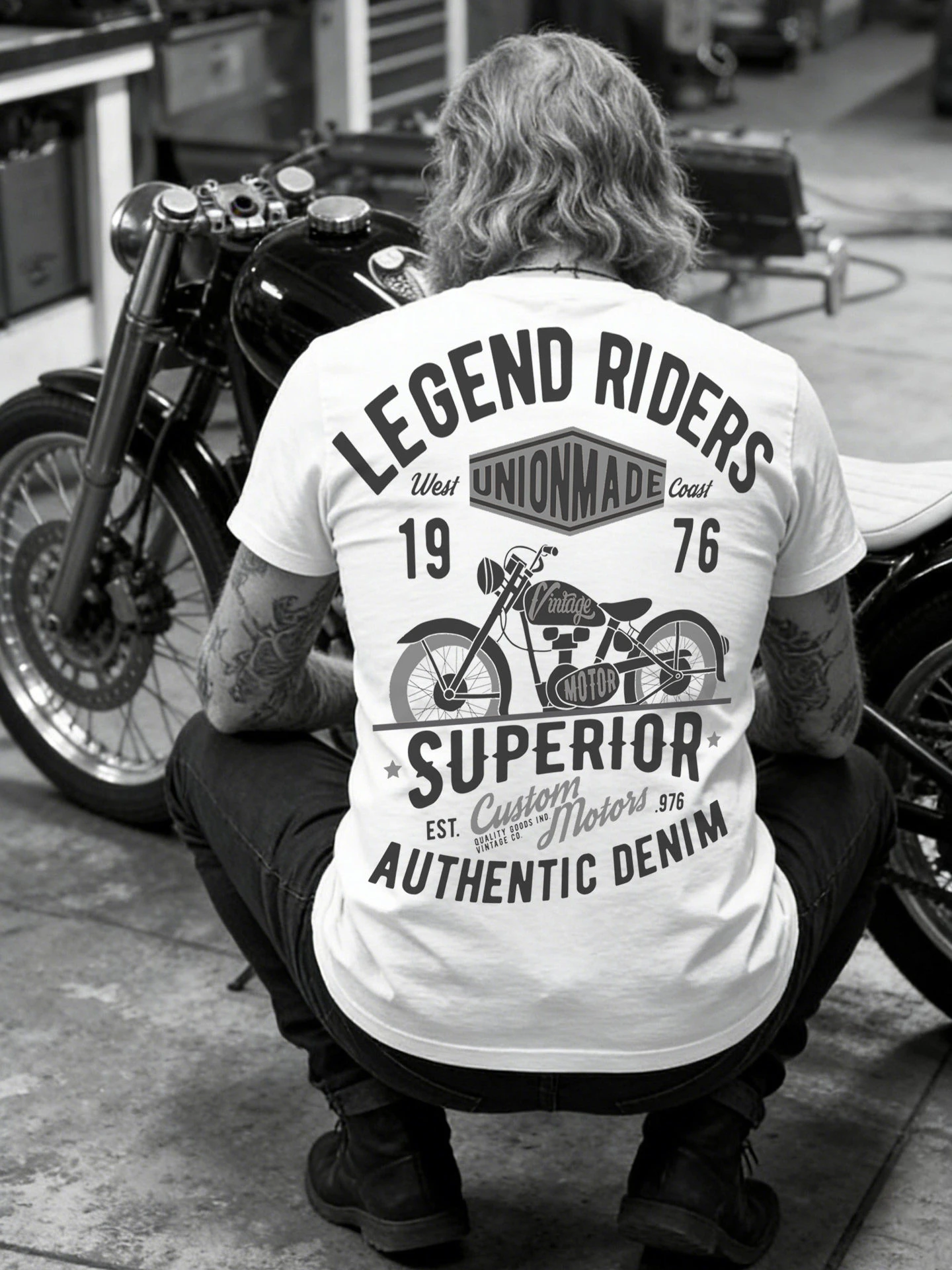 Amerikanisches Motorrad-T-Shirt mit kurzen Ärmeln für Männer, Retro-Motorrad-Print, weiß, Rock-Tide-Marke, robust, für Fitness-Trend.