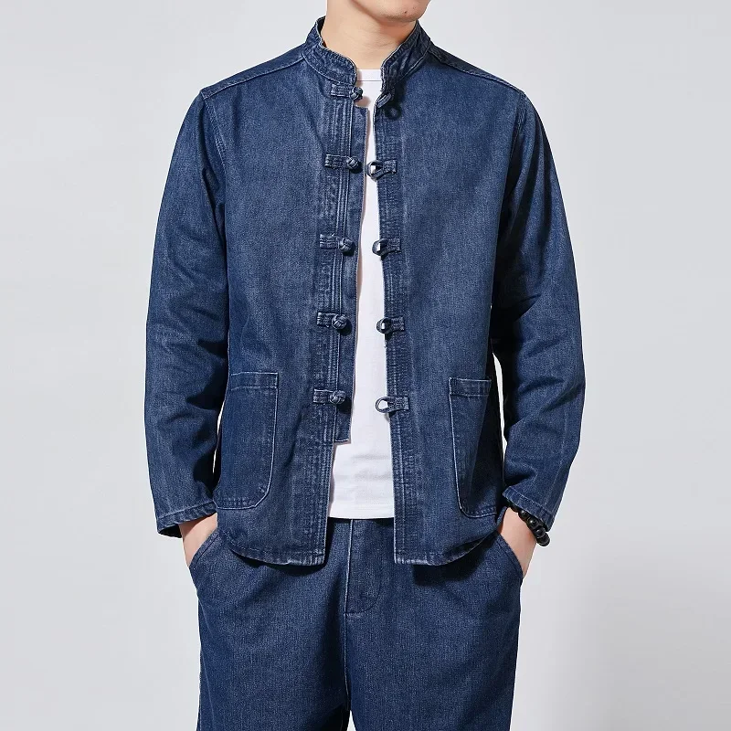 Autumn Men Chinese Style Tang Suit Washed Denim Top Stand Collar Jacket Denim Jacket Men Casual Cotton Coat Jacket Men