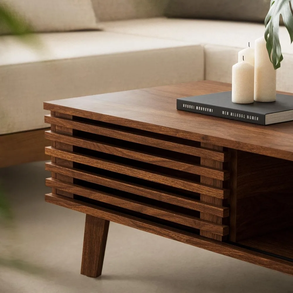 Tavolino portaoggetti Mid-Century con anta scorrevole, mobili da soggiorno moderni, finitura noce