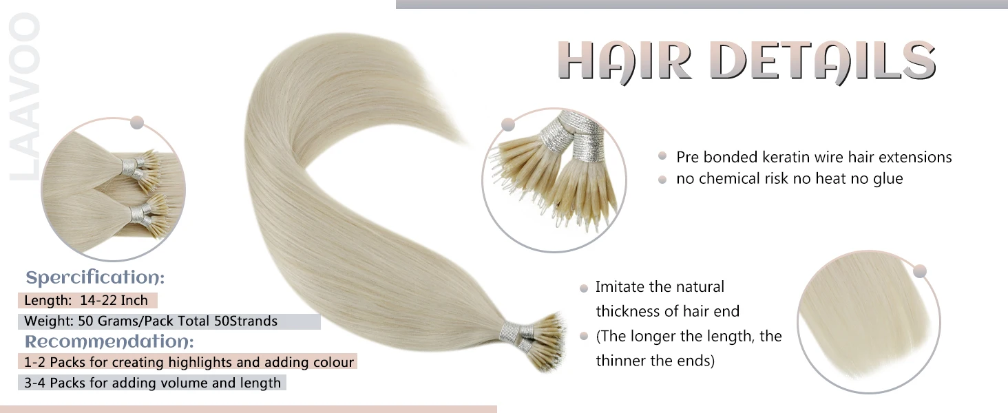 Nano Bead Hair Extensions Human Hair Cold Fusion Nano Tip Hair Nano Link Extensions 50G/50S Nano Loop Hair Pre Bonded