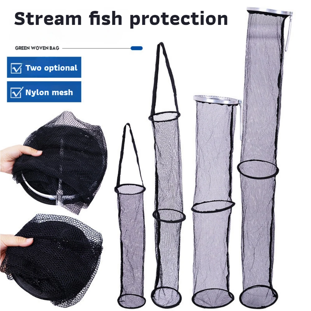 

Stream Fishing Net Outdoor Black Nylon Small Mesh Fish Keeper Aluminum Alloy Frame Portable Waist-Hang Handle Mouth Ring Design