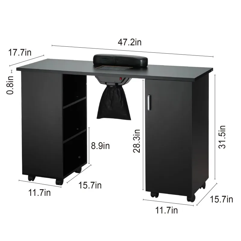 Movable manicure table with electric dust collector and 8 wheels (4 lockable), 3 dust bags