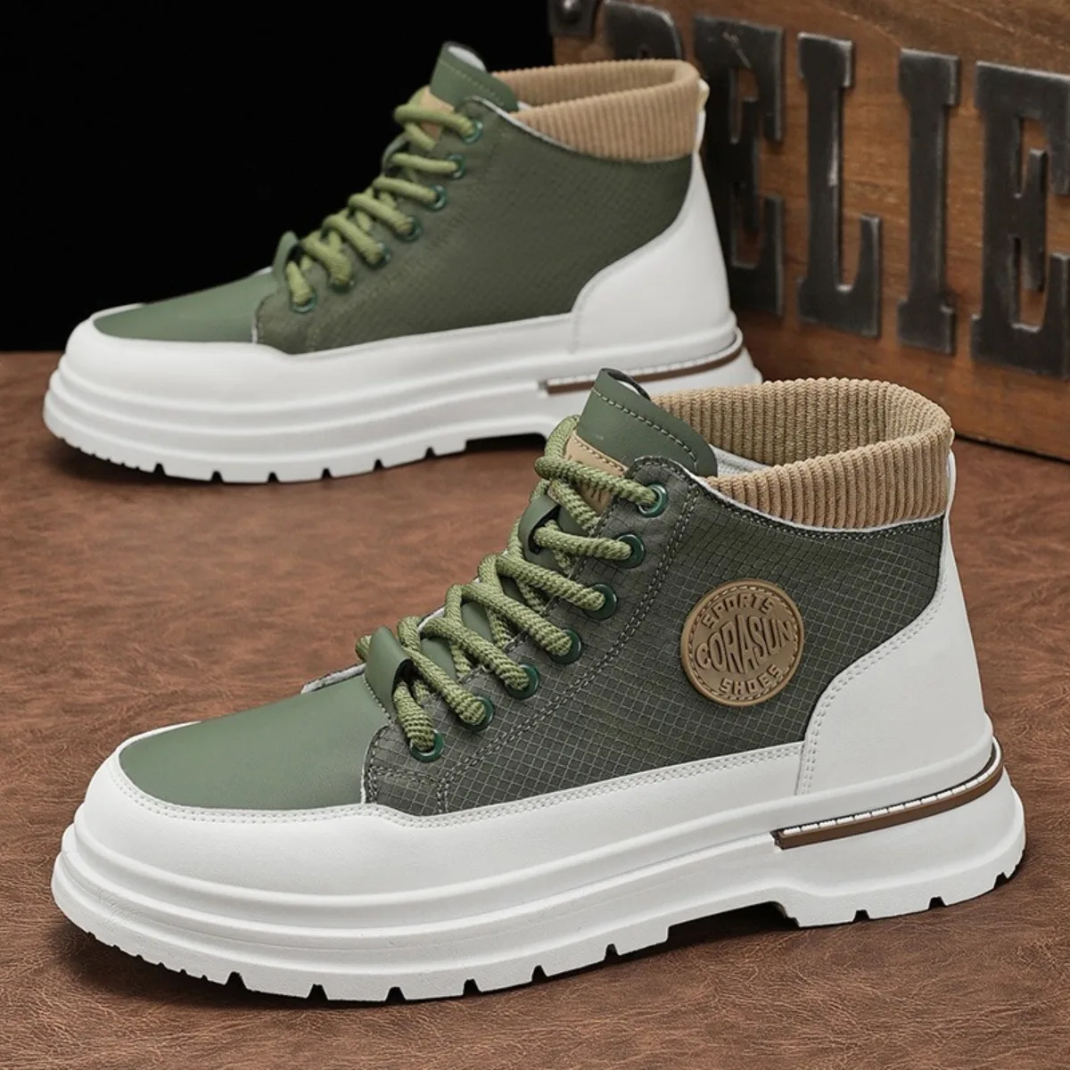 

Men's High Top Motorcycle Boots Leather Lace-Up Non-Slip Comfortable Outdoor Leisure Shoes for Male Fashion Footwear All Seasons