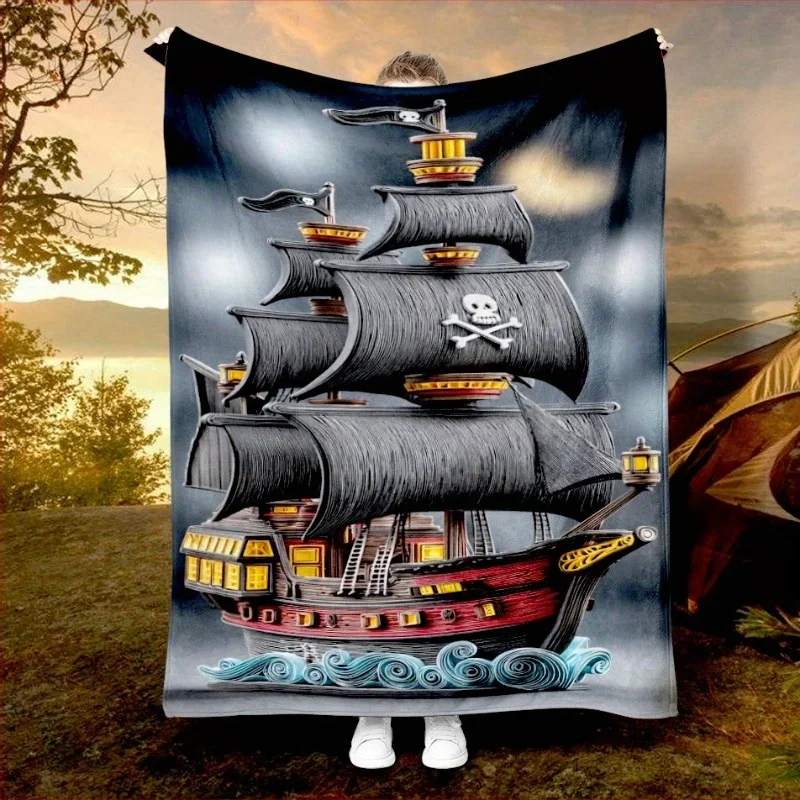 Pirate Ship Blanket Black Sails Skull Design Soft Fleece Throw Home Decor Gift Idea Adventure Theme Cozy Warmth