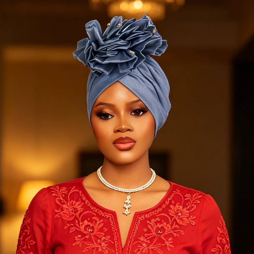 

Big Flower Turban Cap for Women African Geles Headties Bonnet Pleated Hat Muslim Hijab Head Wrap Nigeria Wedding Party Headgear