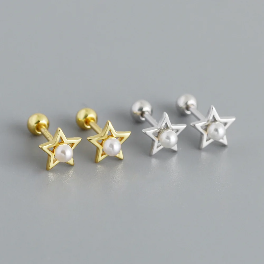 

CCFJOYAS 925 Sterling Silver Star Pearl Stud Earrings for Women Girl Mini Cute Pentagram Ear Bone Studs Piercing Body Jewelry