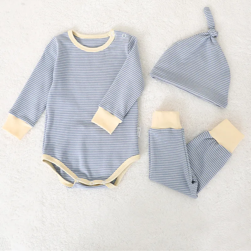 3Pcs Newborn Infant Clothes Sets Cotton Stripe Long Sleeve Bodysuit + Pant + Hat Baby Clothing