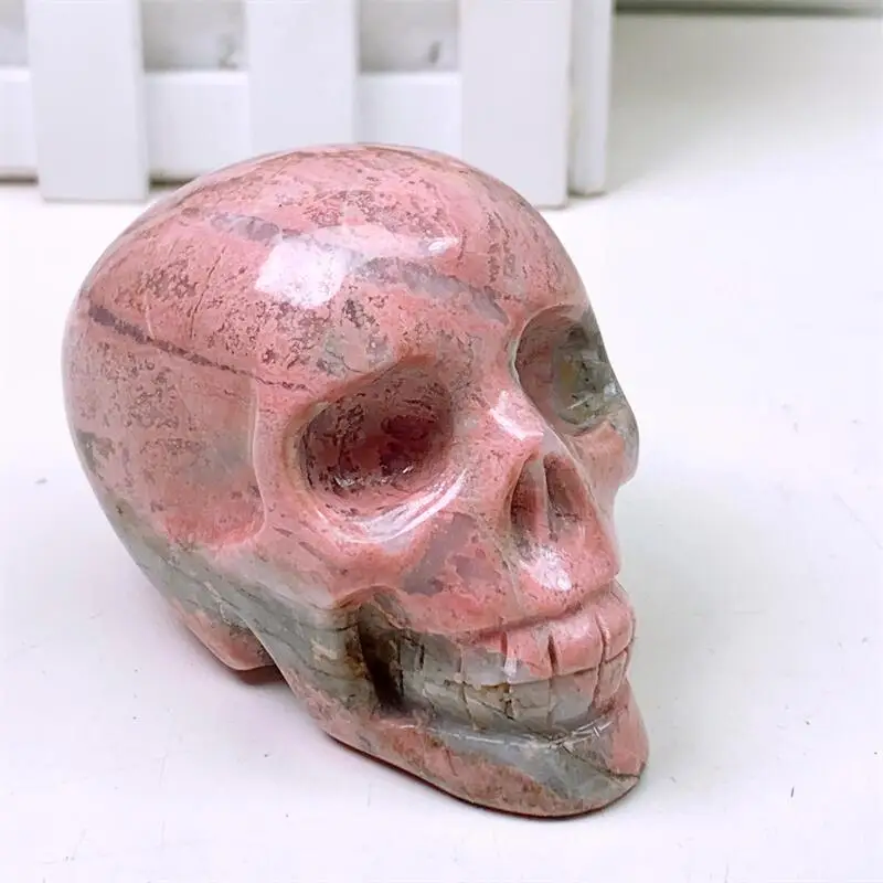 Natural Rhodonite Skull Carving Statue Realistic Feng Shui Healing Reiki Ornament Art Collectible Gift 1PCS