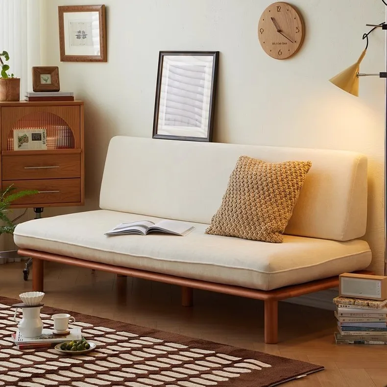 

fabric sofa living room balcony small apartment Japanese-style log wind solid wood without armrests double lazy sofa bed