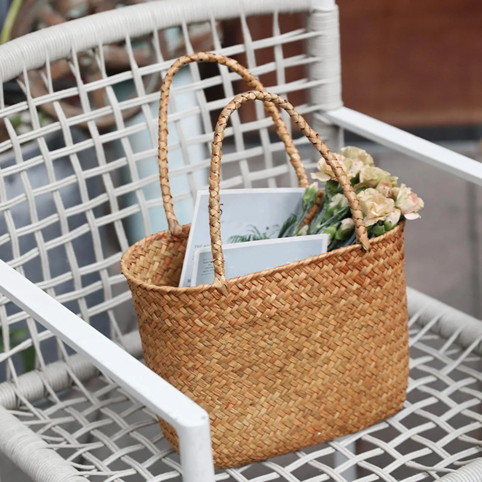 Reusable Shopping Basket Woven Grocery Bag Storage Basket for Home Kitchen Beach Travel Multipurpose Organizer