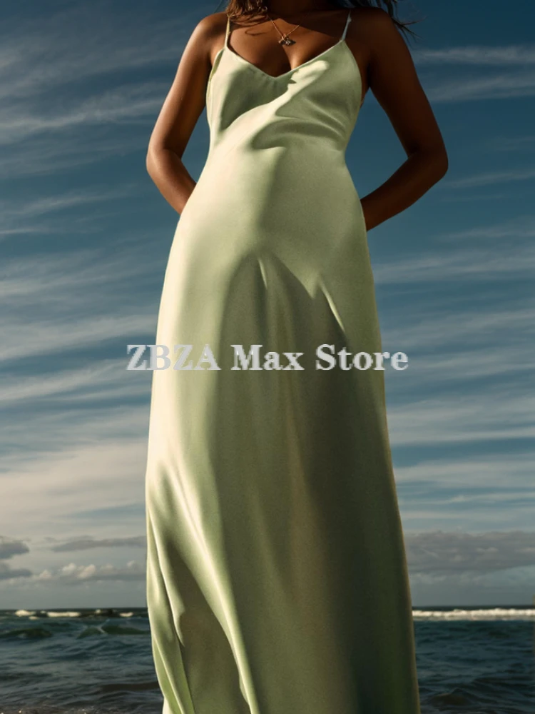 Donna Raso effetto midi slip dress Scollo a V backless cinghie di spaghetti regolabili Senza maniche vita media dimagrante Zip nascosta canotta gonna lunga Estate Nuovo Abito femminile Chic