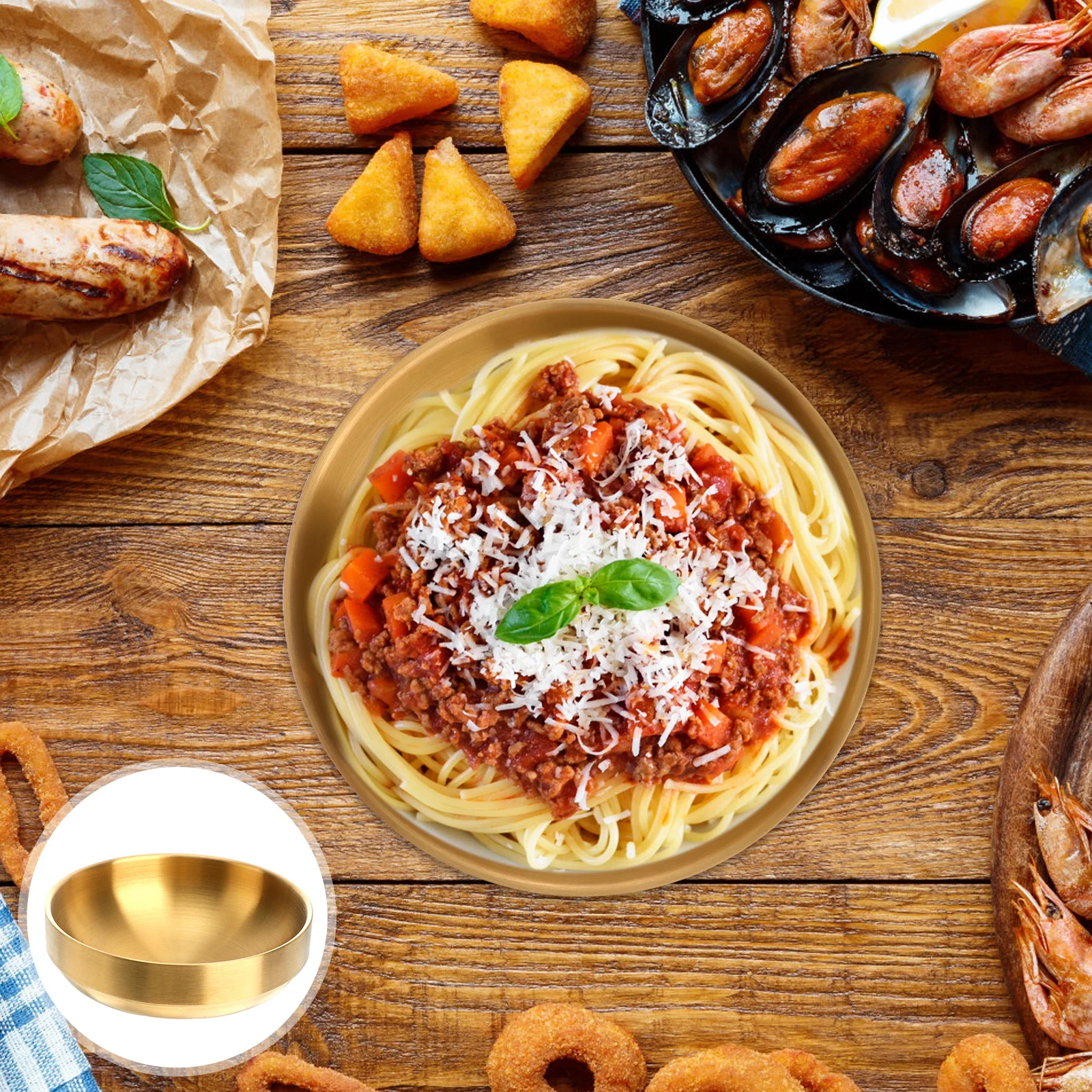 

19cm Stainless Steel Golden Double Insulated Soup Bowl Thick Bibimbap Noodle Serving Bowl 304 Stainless Steel Household